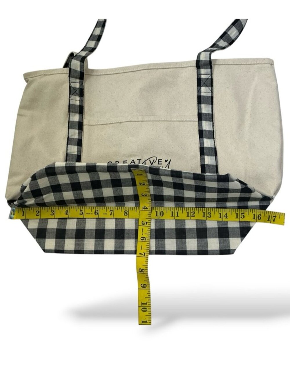 Large Tote Heavyweight Canvas Black White Neutral Tan Gingham Buffalo Plaid - Picture 11 of 16